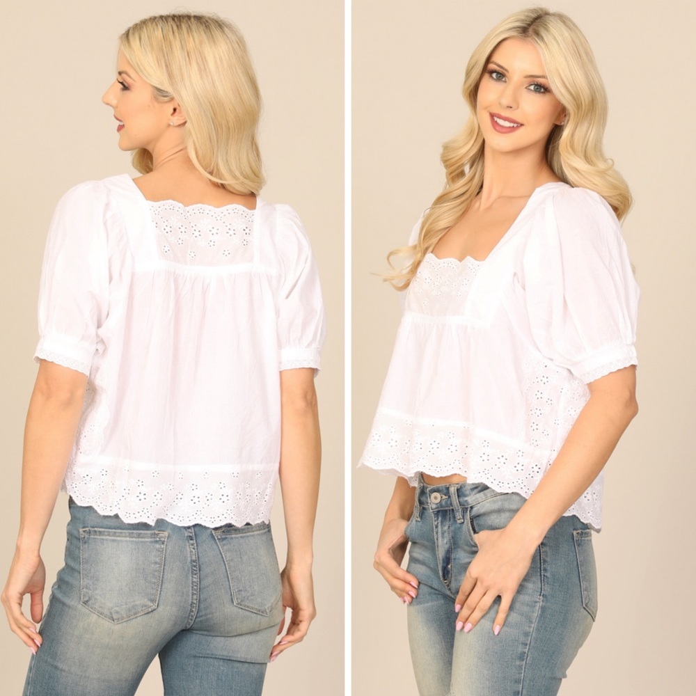 White Eyelet Square-Neck Peasant Blouse - Picture 2 of 5